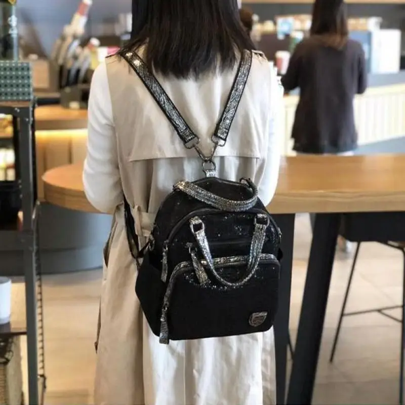 2023 nova mochila edição coreana bolsa feminina portátil lantejoulas moda mochila de viagem versátil grande capacidade dupla utilização saco maré