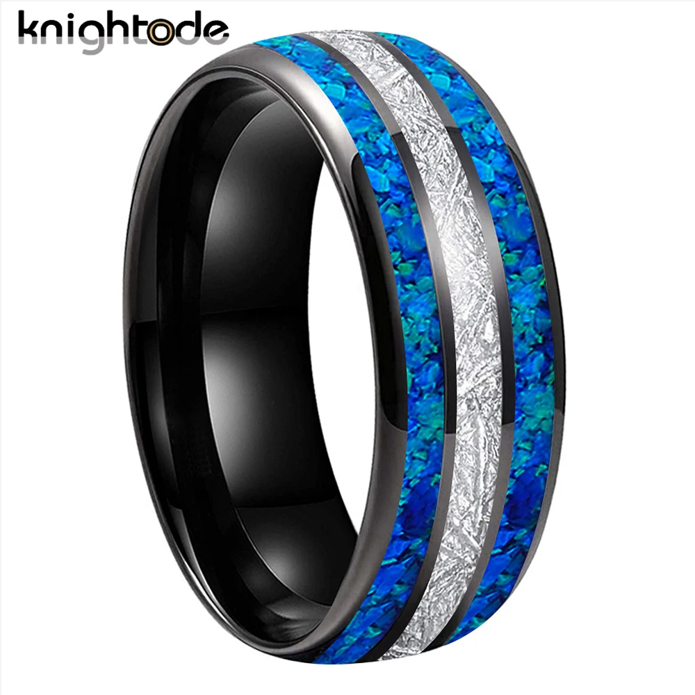 

Вольфрамовое кольцо 8 мм с синим опалом/белым метеоритом, 3-слойное, модное украшение, мужской свадебный подарок