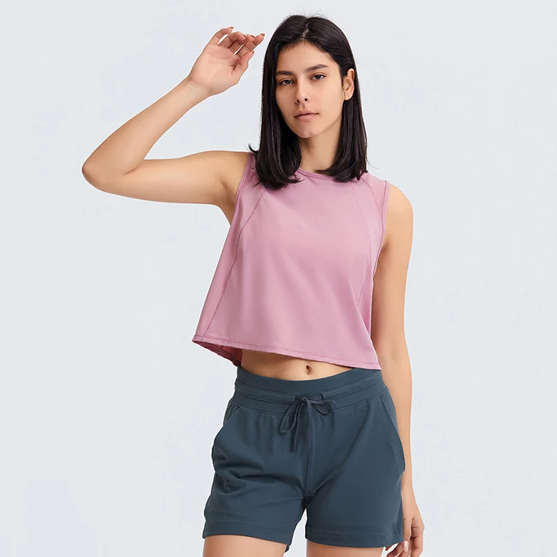 Mulheres soltas em torno do pescoço sem mangas crop top com logotipo, traseiro oco, leve, respirável, ioga fitness, colete de corrida ao ar livre, autêntico