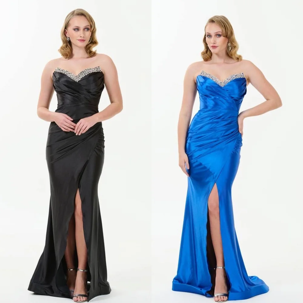 Satin Rhinestone Evening A-line Strapless Bespoke Occasion Gown Long Dresses