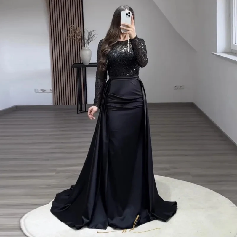 Elegant Black Satin Evening Dress with Detachable Sequins O-Neck Long Sleeves Mermaid Prom Gowns Vestidos De Ocasión Formales