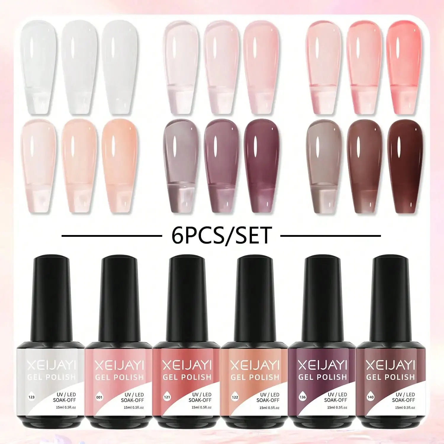 6PCS/SET 15ml Color Nail Gel Polish Set Kits Base Top Coat Varnish Soak Off UV Gel LED Semi Permanent All For Manicure Nail Art