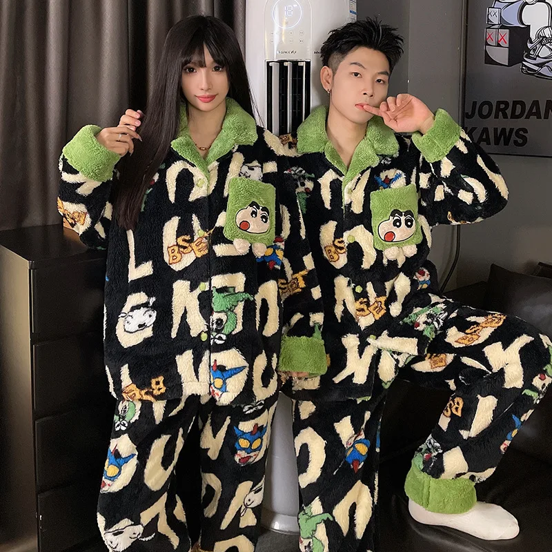 Crayon Shin-chan Pajamas Set Winter Women Men Solid Warm 2PCS Thicken Velvet Fleece Set Couple Casual Pajama Sets Home Suit Gift