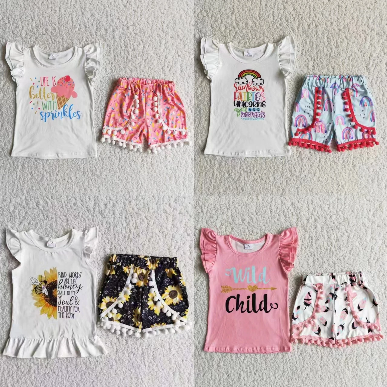 

Wholesale Children Summer Set Toddler Short Sleeves Shirt Ruffle Sunflower Rainbow Shorts Kids Baby Girl Two Pieces Outfit