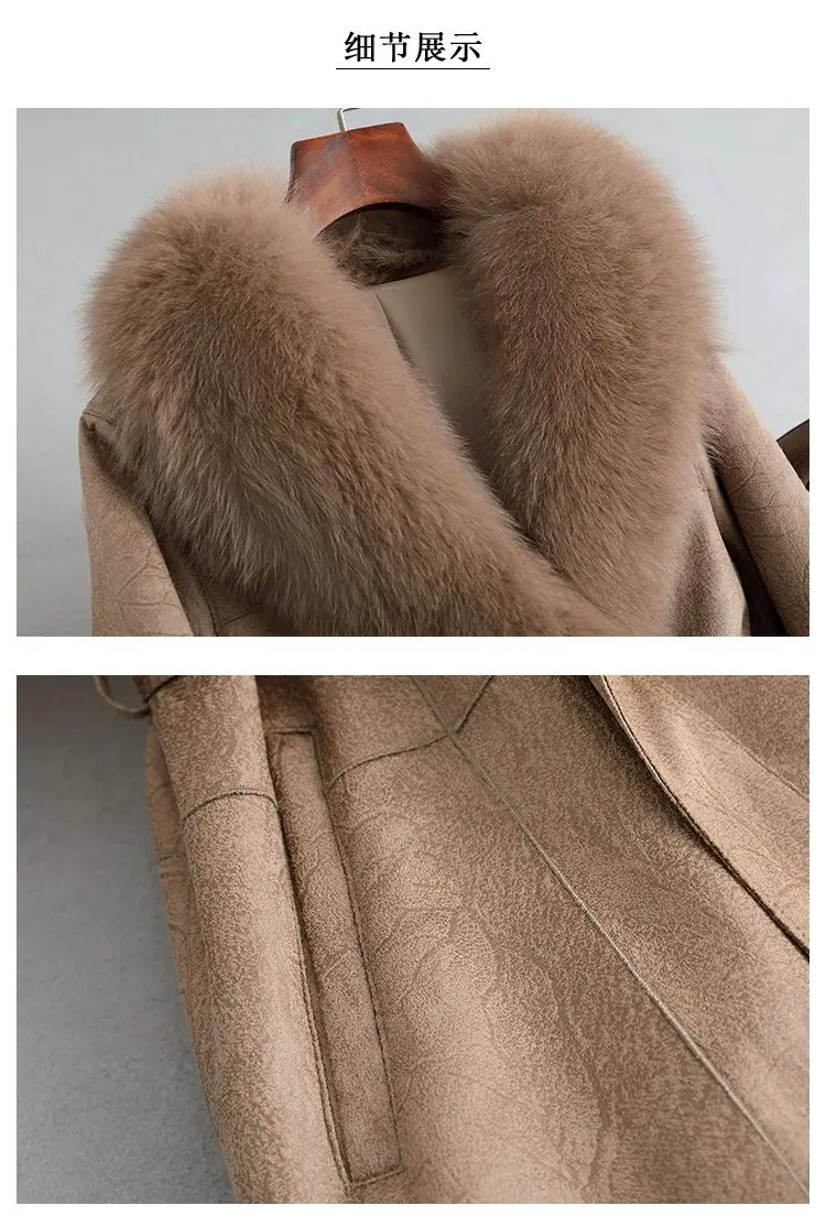 2023 New Rabbit Fur One Piece Coat for Women Mid length Fox Fur Collar Lace up Slim Fit Haining Fur Coat for Women