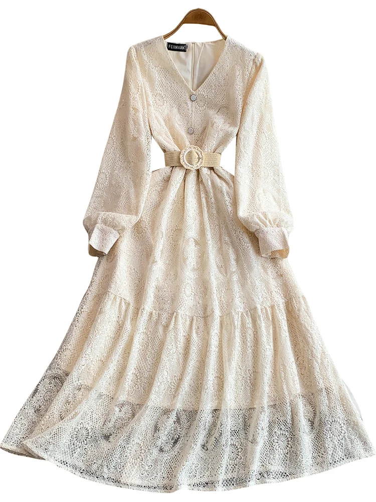 Ele V-ne Geborduurde Lange Dr Dames Lente Herfst Knop Tie Taille Afslankjurk Franse Sle Pailletten Hoge Taille