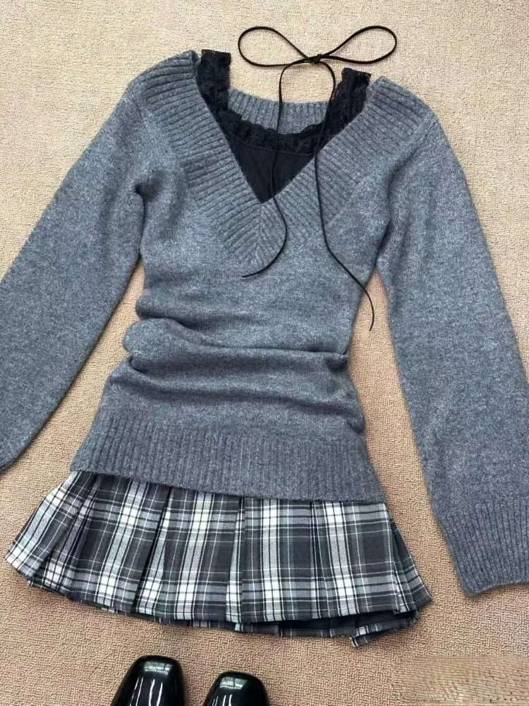 Winter Vintage Slim Knit 3 Piece Set Women High Street Fashion Lace Thin V Neck Vest + Solid Cardigan Plaid Short Skirt 2024 New