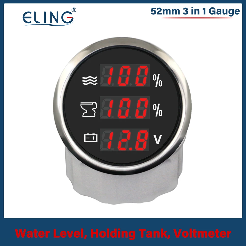 ELING New 52mm 3 in 1 Multi-Function Digital Gauge Water Temp Oil Level Oil Pressure Holding Tank Gauge Voltmeter Tachometer