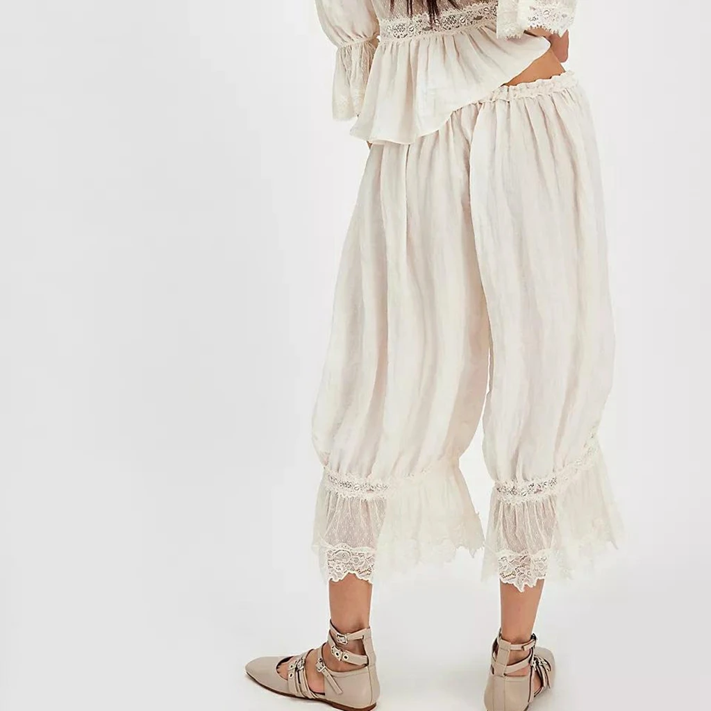 2025 New Women's Y2K Loose Fit Bloomers Comfort Pants Drawstring High Waist Floral Lace Patchwork Calf-Length Lantern Trousers