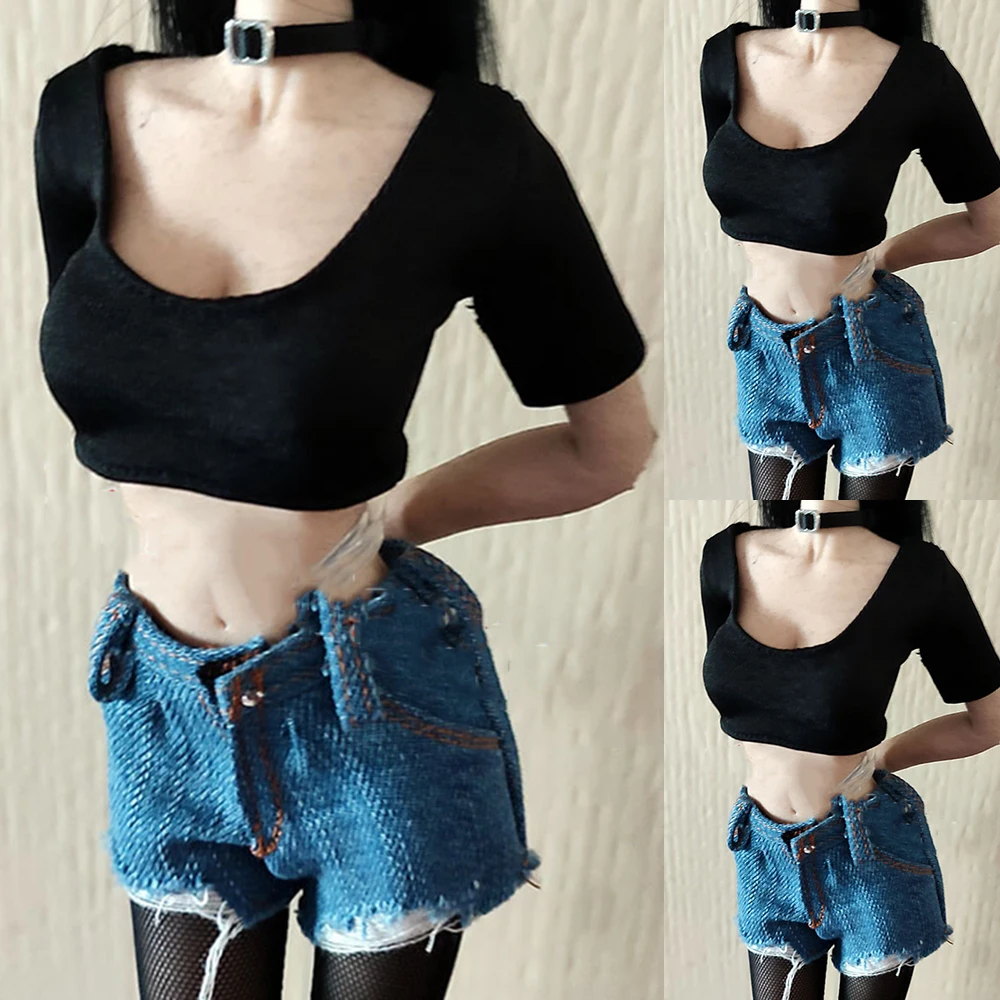 1/6 Women Soldier T Shirt Black Crop Tops Gothic Sexy High Waist Short Jeans Suit For 12Inch Action Figure Body Toys