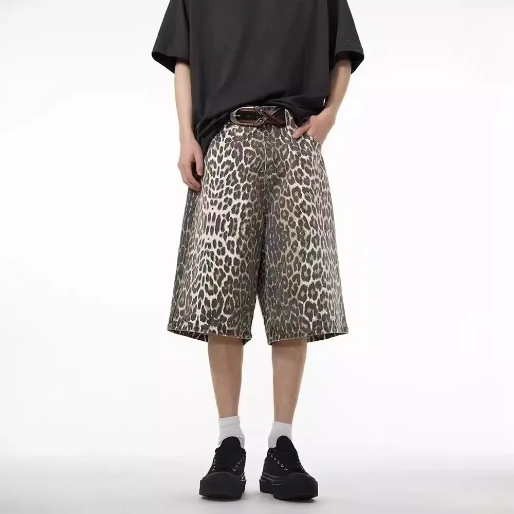 

Knee Length Women Print Jean Denim Pants High Waist Loose Fit Summer 2025 Washed Vintage Jeans Pockets Streetwear Leopard