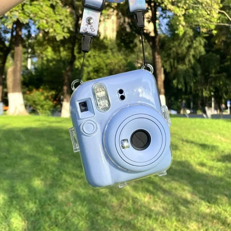 Fujifilm用の光沢のあるクリスタルカメラケース,ストラップ付きの透明なキラキラカバー,Instax mini 12,1個