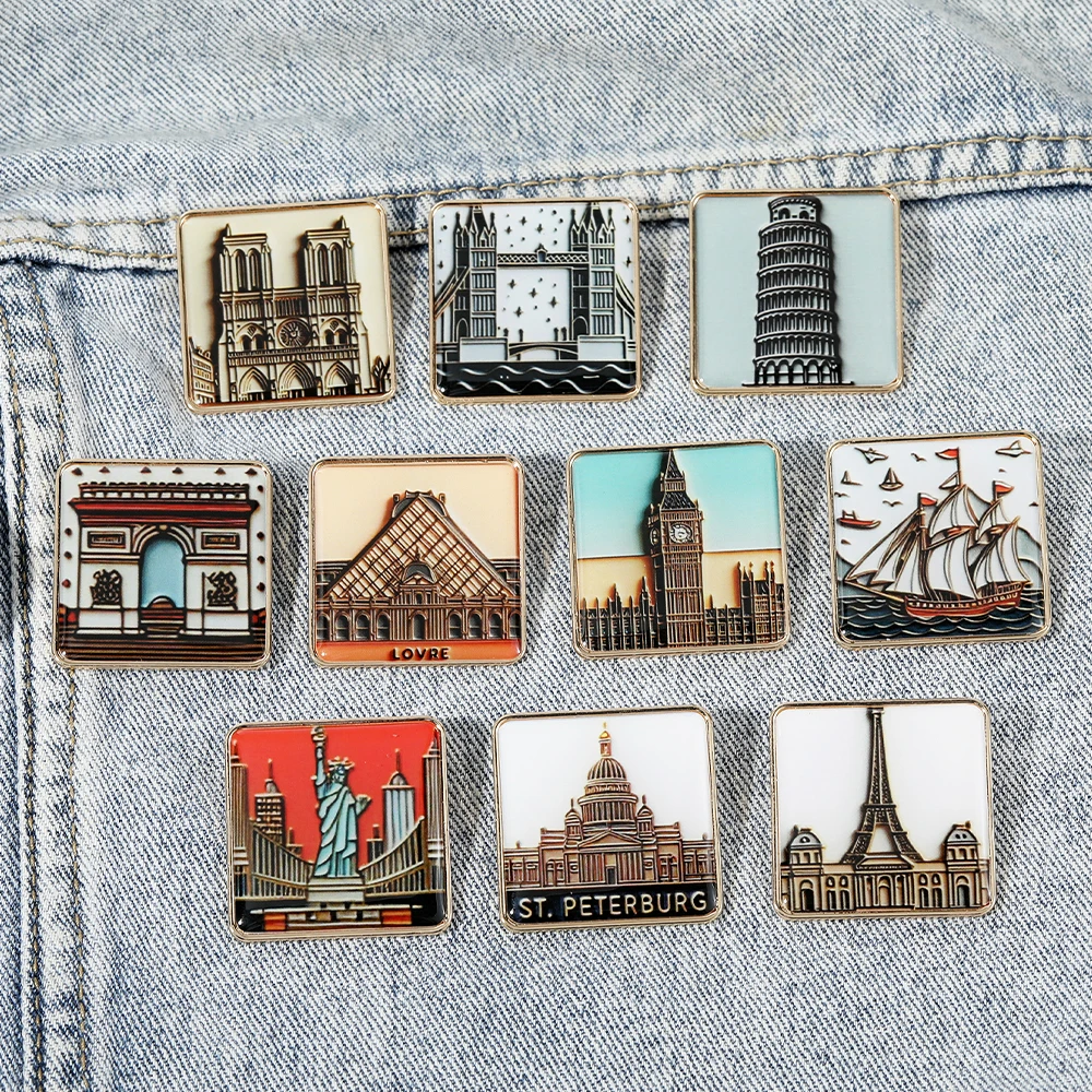 Vintage Landmark Collection Drop Glue Brooches ST.Peterburg Triumphal Arch Leaning Tower of Pisa Statue of Liberty Square Pins