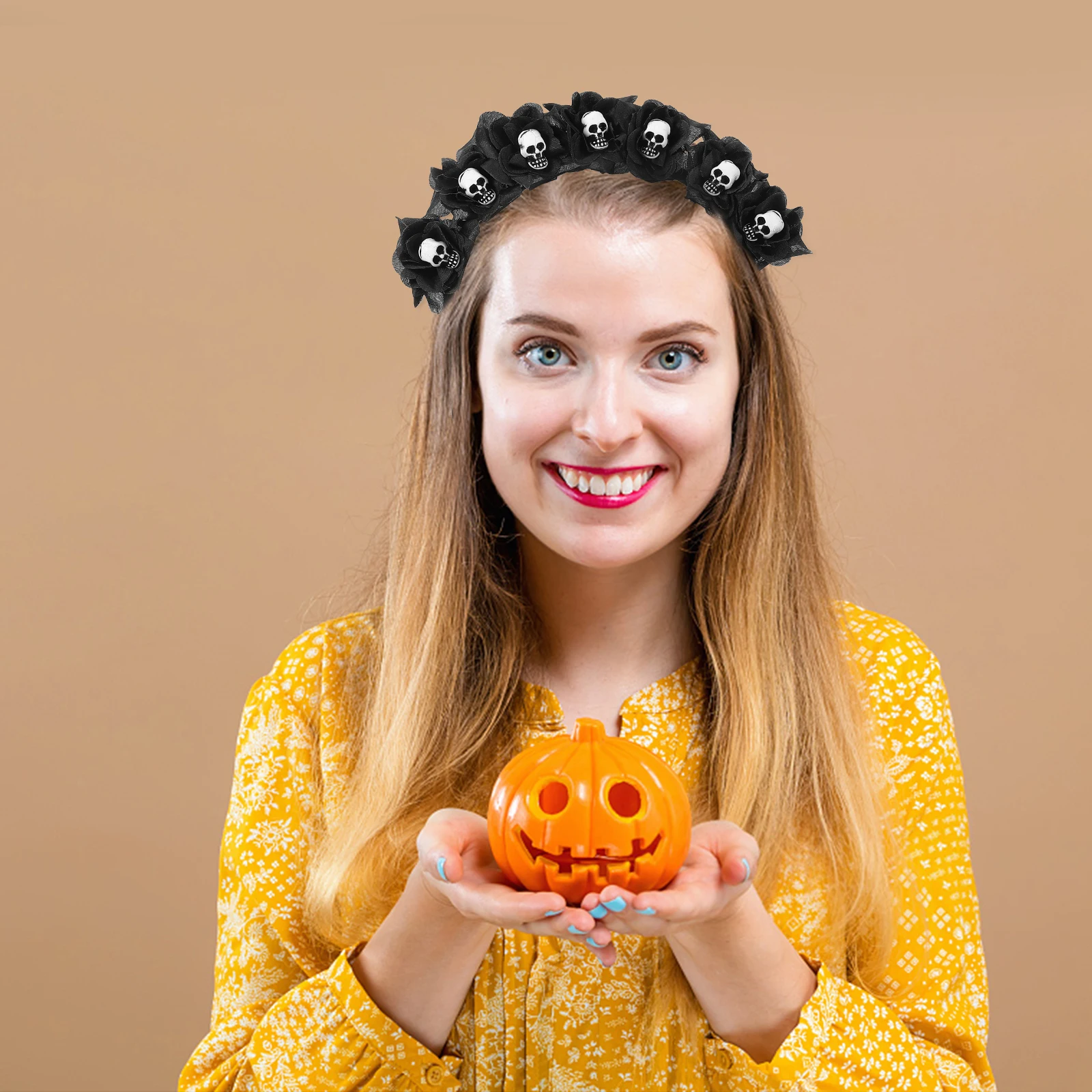 

Halloween Black Flowers Skeleton Headband Spooky Elegant Headdress Cosplay Hair Hoops Performance Prop