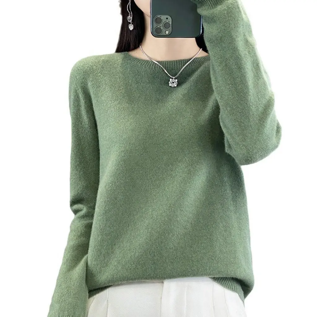 

Women's round Neck Woolen Sweater Long-Sleeved Knitted Base Layer Top Solid Color Loose Fit Pullover for Autumn Winter