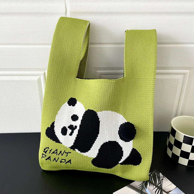 Cute Panda Handmade Knitting Bag Fashion Simple Shoulder Bag Large Capacity Handbag Shopping Bag For Students Classic Women Bags