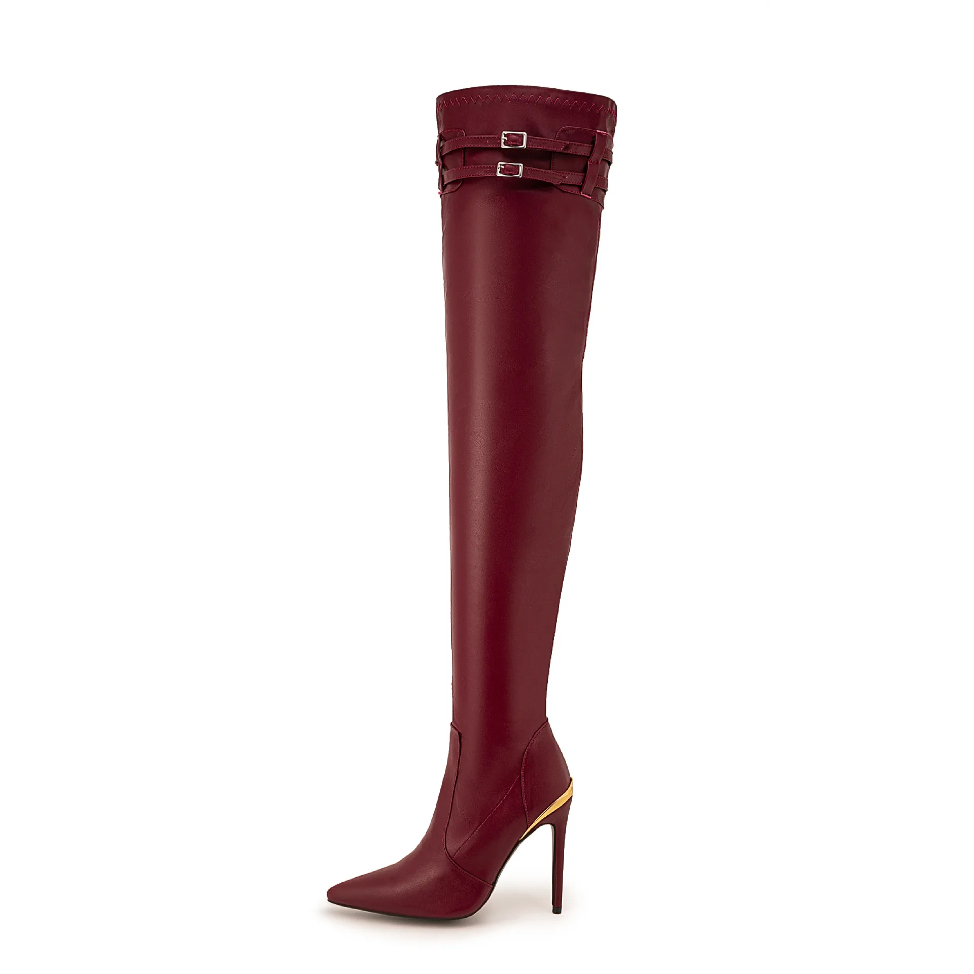 

Arden Furtado 2024 Red Elastic Thin boots Pointed toe Side zipper Super high heel Belt buckl Over the knee boots Women's Boots