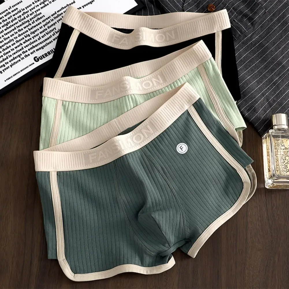 Comfortable Boxer Men\'s Mid-rise Boxer with Elastic Waistband U-convex Design Patchwork Color Ribbed Underwear for Comfort Style