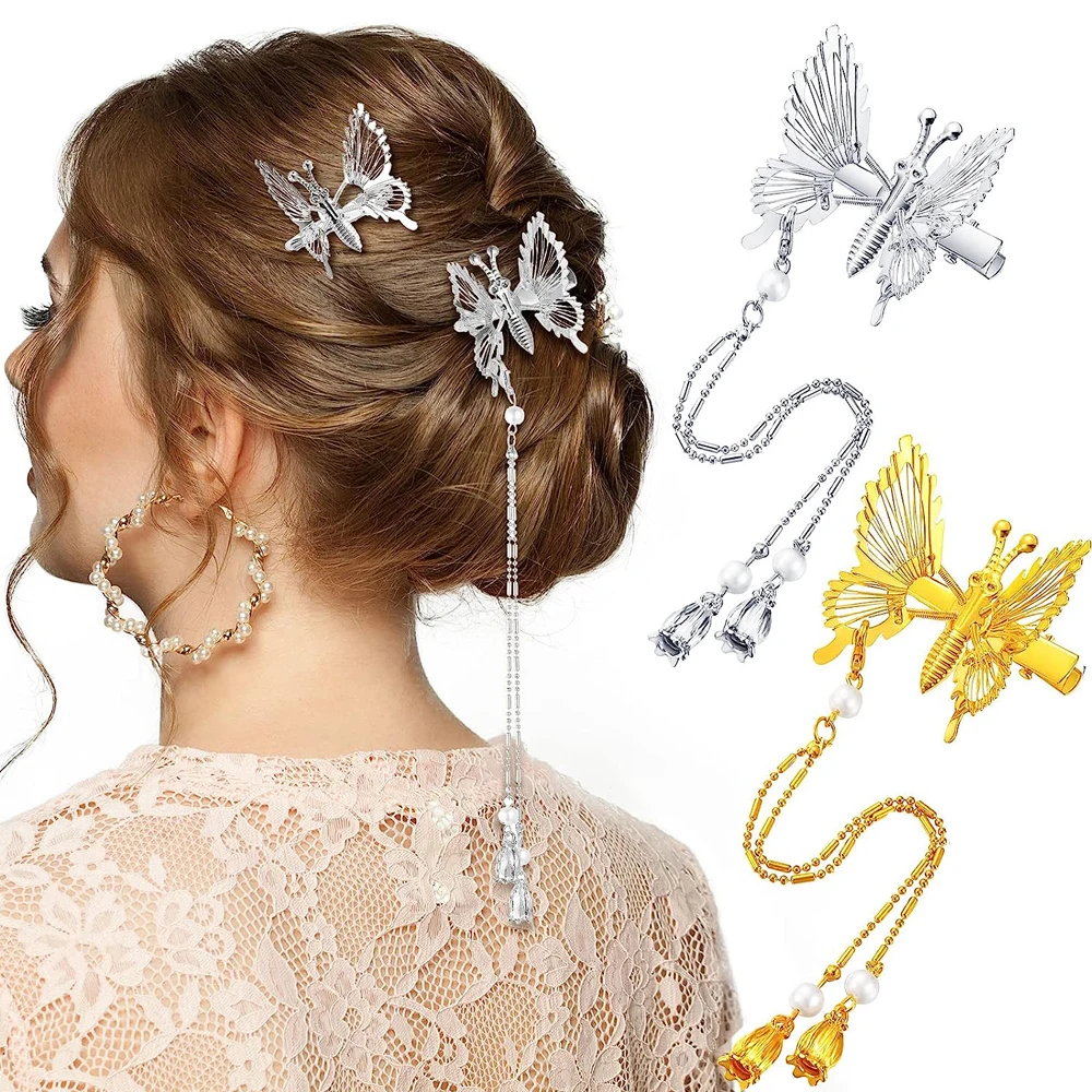 Butterfly Tassel Hairpin Side Clip Wedding Party Metal Long Hair Adornment for Women Girl Bridal Bridesmaid Hair Accessories