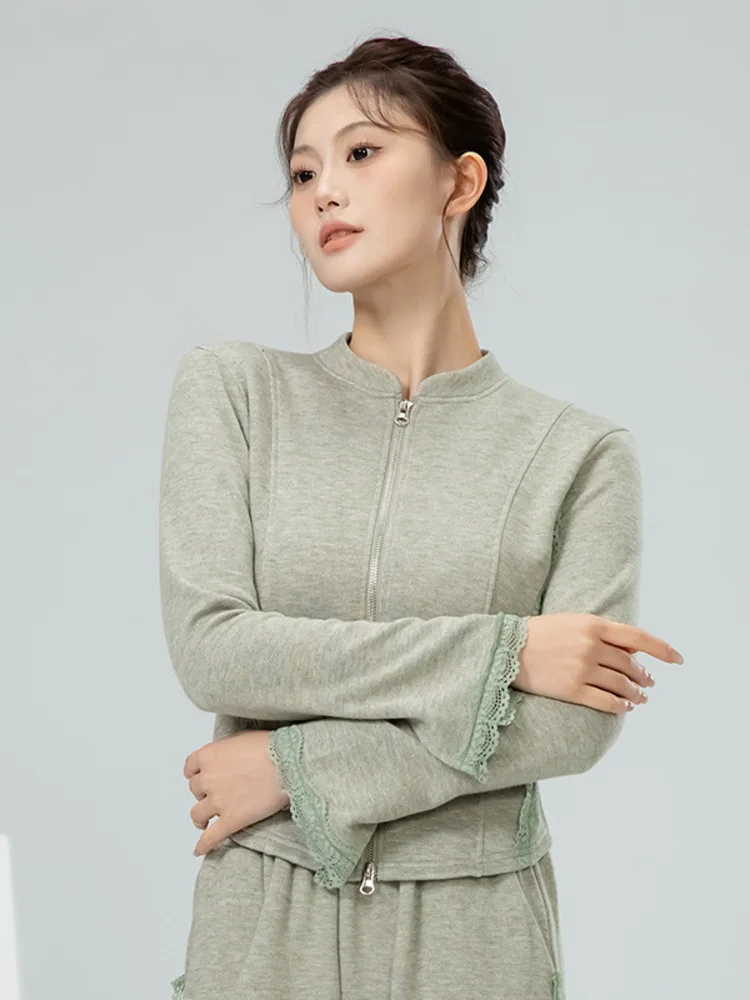 สีทึบลูกไม้หรูหราแขนยาวบัลเล่ต์ด้านบนและกางเกงขากว้างเอวสูงชุดสําหรับเวทีหรือการปฏิบัติ