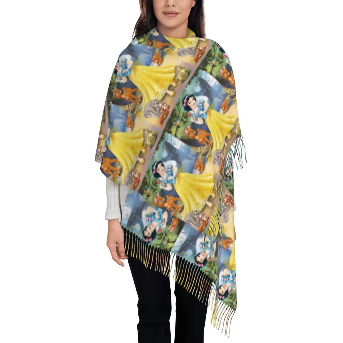 Custom Snow White And The Seven Dwarfs Moive Cartoons Tassel Scarf Women Soft Shawls Wraps Lady Winter Fall Scarves