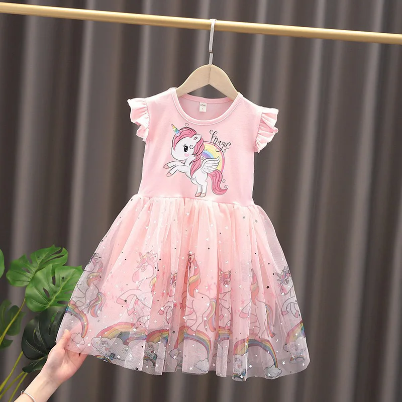 Mädchen Baumwoll-Prinzessinnenkleid Tüll Cartoon-Pferd Flügelärmel Süßes Lässiges Kinder-Prinzessinnen-Partykleid