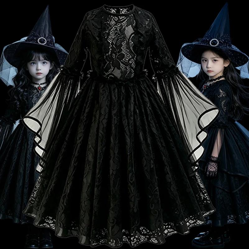 Kid Spooky Party Cosplay Clothing Girls Long Lace Witch Gown Hat Broom Set Photo Props For Carnival Costume Competition Dress Up