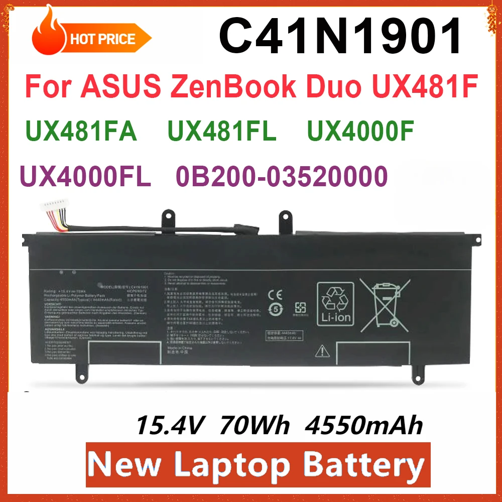 Asus Zenbook duo,c41n1901,ux4000f,ux481fl,ux481fa,ux481f,0b200-03520100,0b200-03520000,4icp6,60,72用のラップトップバッテリー