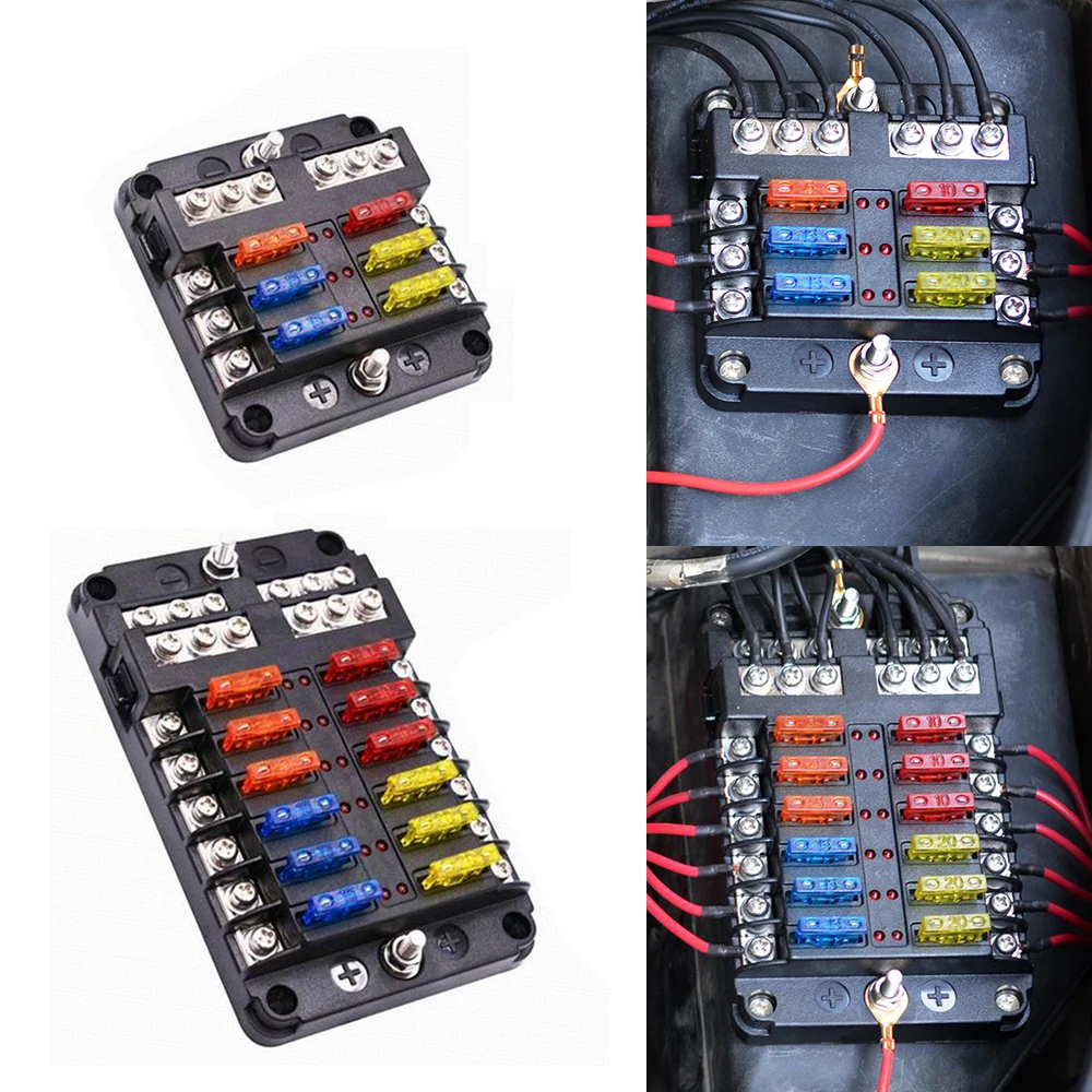 Car Boat Fuse Box Holder With 6 Ways 12 Ways Blade Fuse Holder Block & Warning Indicator 12V 36V Power Distribution Panel Board