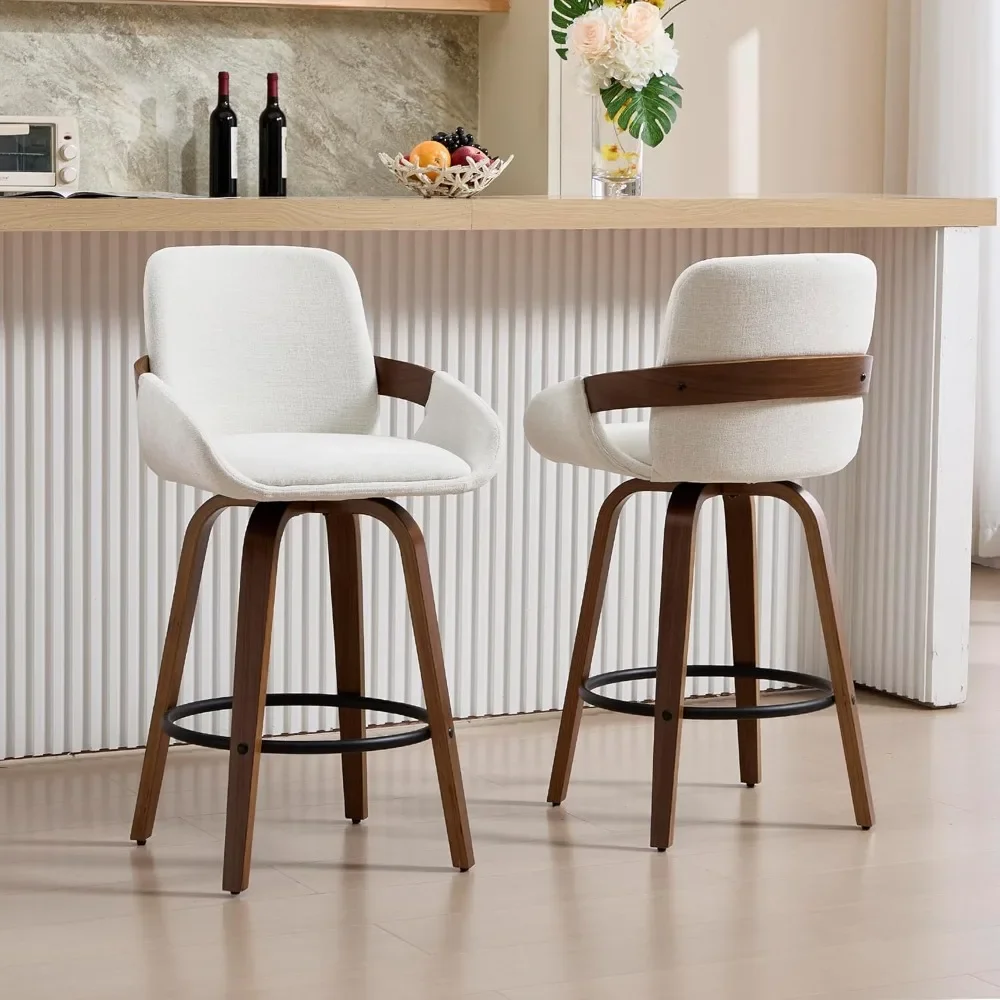 Beige Fabric Swivel Bar Stools with Back, Walnut Bentwood Mid-Century Design, Modern Set of 2 Bar Chairs with Curved Back.