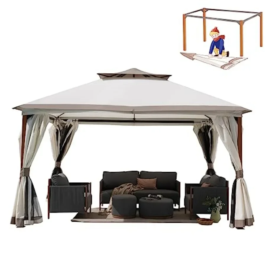 10x13 FT Outdoor Double Quick Assembly Detachable Vent t Top Gazebo with Mosquito Netting and Curtains 130 Sq Ft of Shade for B