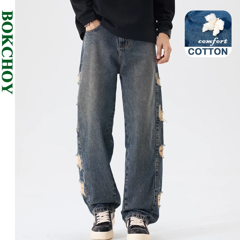 

2025 Autumn New Hole Design Vintage Washed 100% Cotton Wide Leg Jeans for Men Clothing Casual Trend Male Trousers AG7325