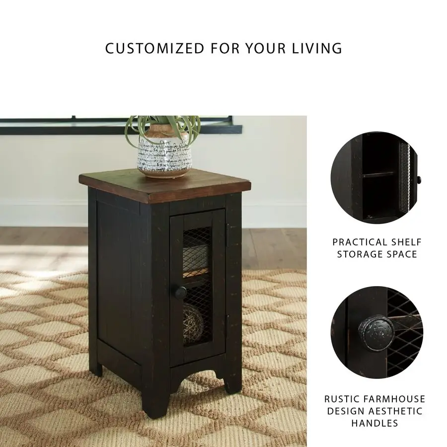 Valebeck Rustic Farmhouse Chair Side End Table with Cabinet Door, Distressed Black
