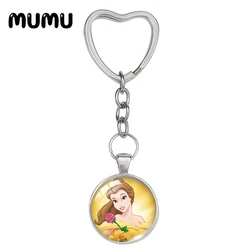 2024 New Beauty and the Beast Heart Keyring Belle Princess Keychain Glass Dome Cabochon Jewelry Gifts Children