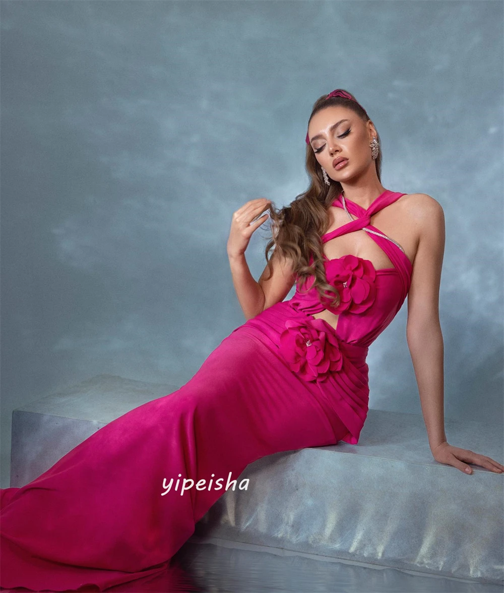 Prom Dress Saudi Arabia Simple Modern Style Formal Evening Halter Mermaid Flowers Floor-Length Satin Bespoke Occasion Dresses