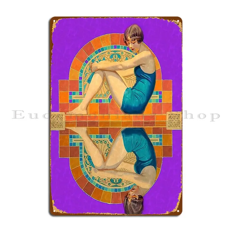 1929 Art Deco Flapper Roaring Twenties Reflection Pool Portrait Female Metal Plaque Poster Club Pub Designs Tin Sign Poster