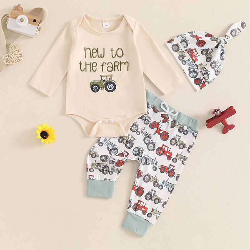 

2024-06-01 Lioraitiin Fall Baby Boys Clothes Set Long Sleeve O-Neck Embroidery Romper with Tractor Print Sweatpants Hat Outfit