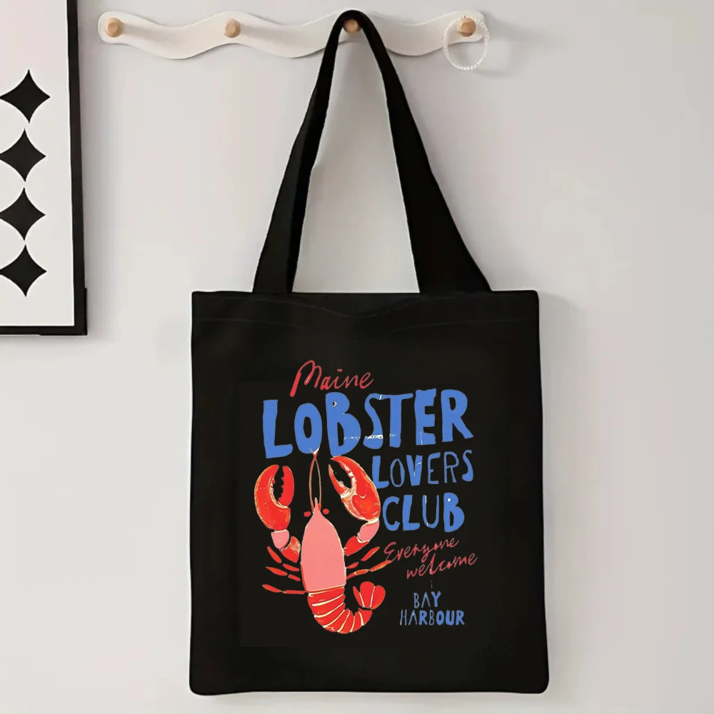 Maine Lobster Lovers Club Canvas Tote Bag, Retro Seafood Print Shoulder Bag, Eco Friendly Reusable Shopping Bag