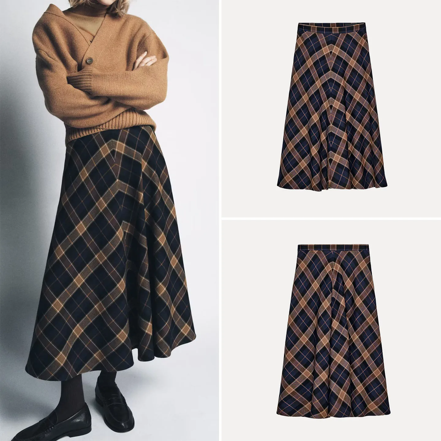 エレ チェック柄 クロークスカート レディース ファッション 秋 2025 限定版 ローウエスト Aライン ミディスカート カジュアルウェア用