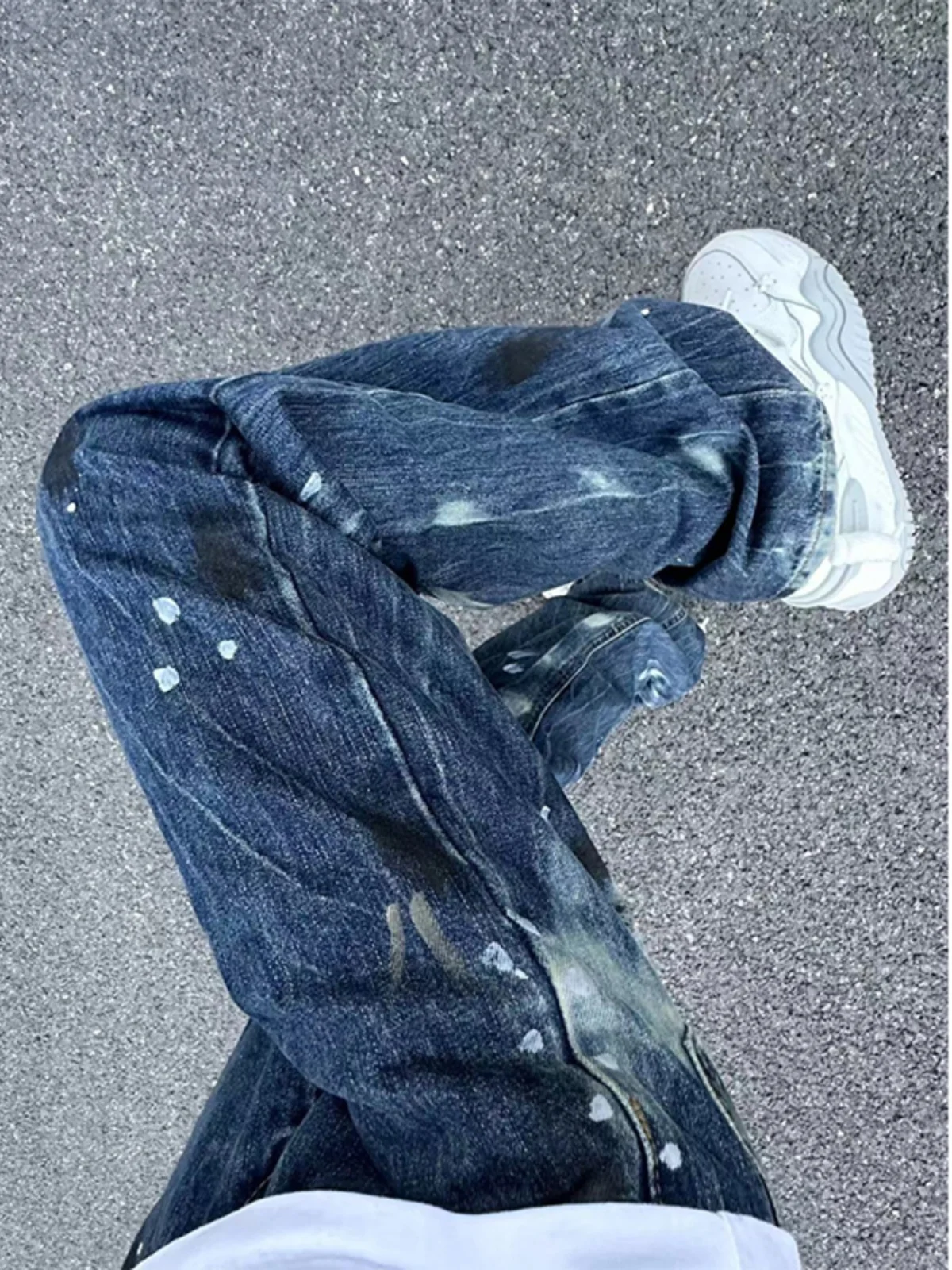 

Мужские джинсы Deep Blue Splattered Paint: летние, в американском стиле, прямые, широкие, с эффектом потертости, модные, для уличной моды