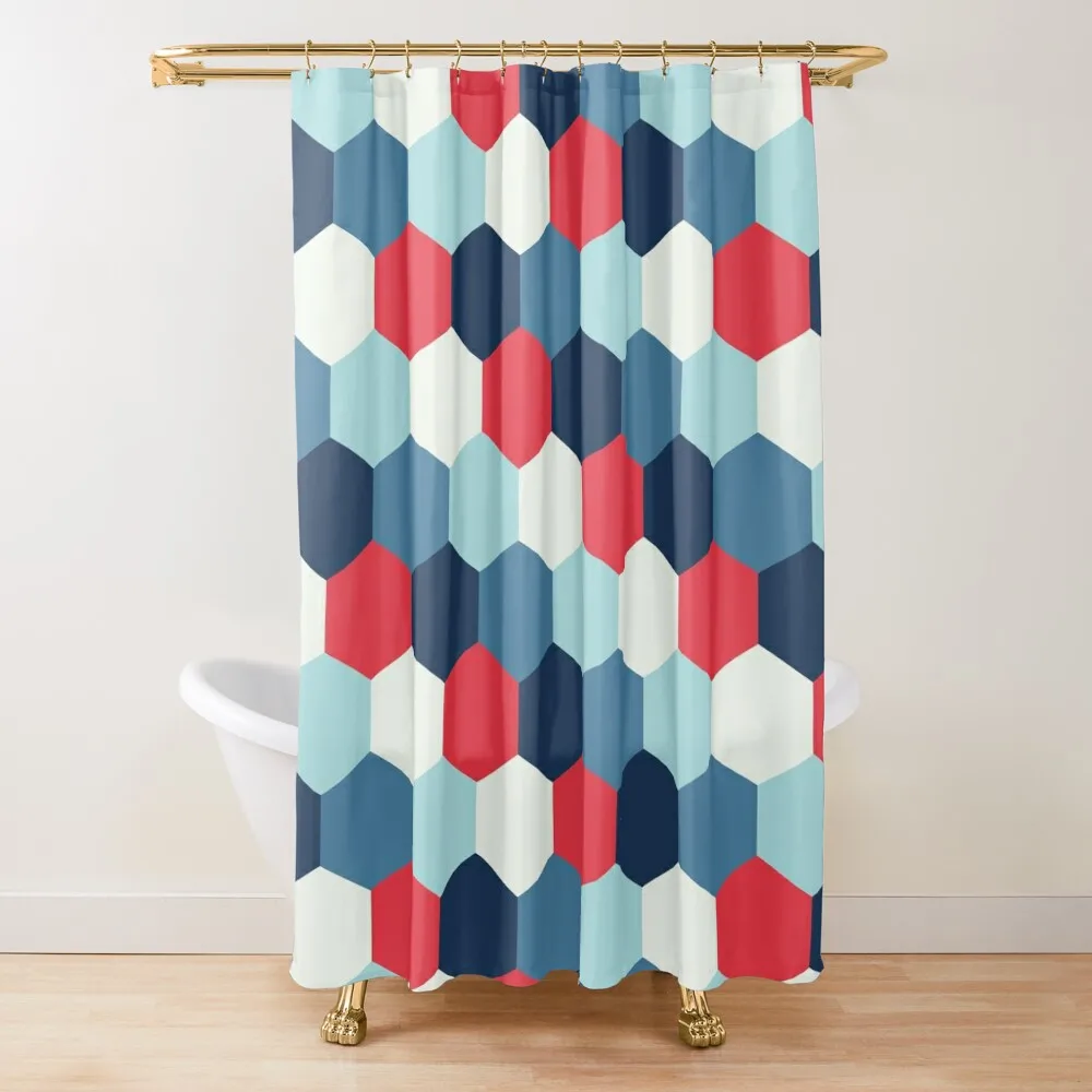 

Hexagonal Geometric Pattern 002 - Cyan Navy Blue Red Shower Curtain Luxury Bathroom Shower Bathroom Decor Curtain