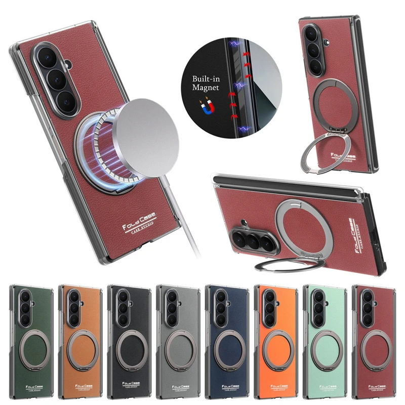 360 Rotation Ring Kickstand Leather Hinge Protection Case For Samsung Galaxy Z Fold 8 Ultra 7 6 5 4 Magnetic Phone Cover Shell