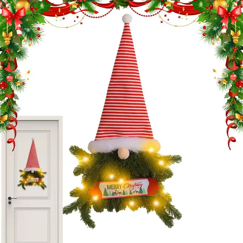 

Christmas Gnome Wreath Merry Christmas Door Wreath With Lights Christmas Hangings Sign Front Door Decoration Swedish Gnome