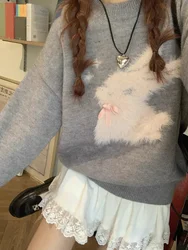 Casual Versatile Korean Fashion Sweet Rabbit Fur Pullover Knit Sweater Women Clothes Knitwear Gray Long Sleeve Top