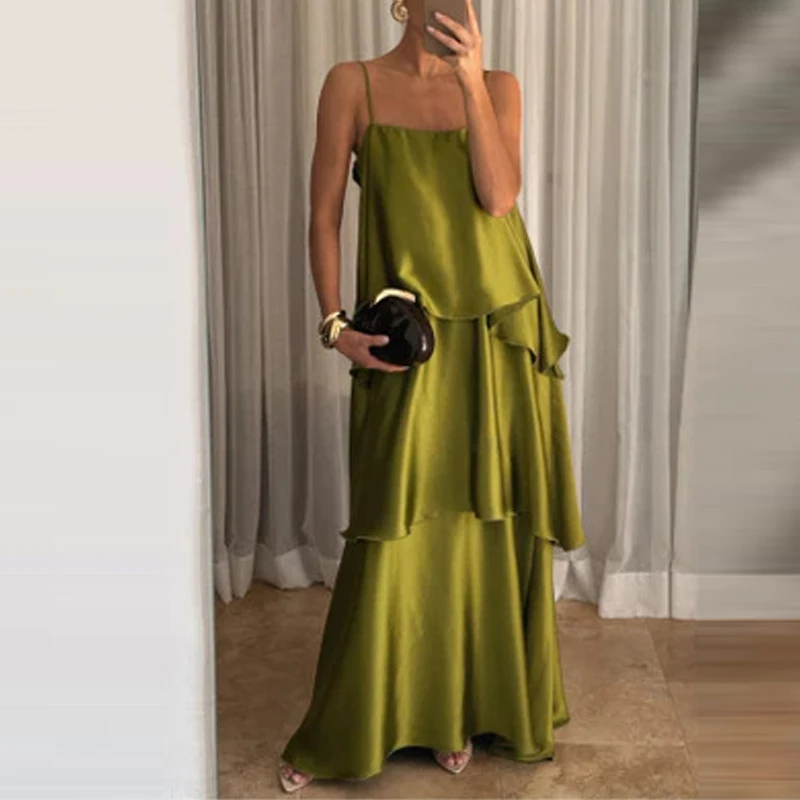 

Lady Fashion Off Shoulder Halter Dress Elegant Satin Sleeveless Hollow Out Evening Dress Temperament Pure Color Loose Cake Dress