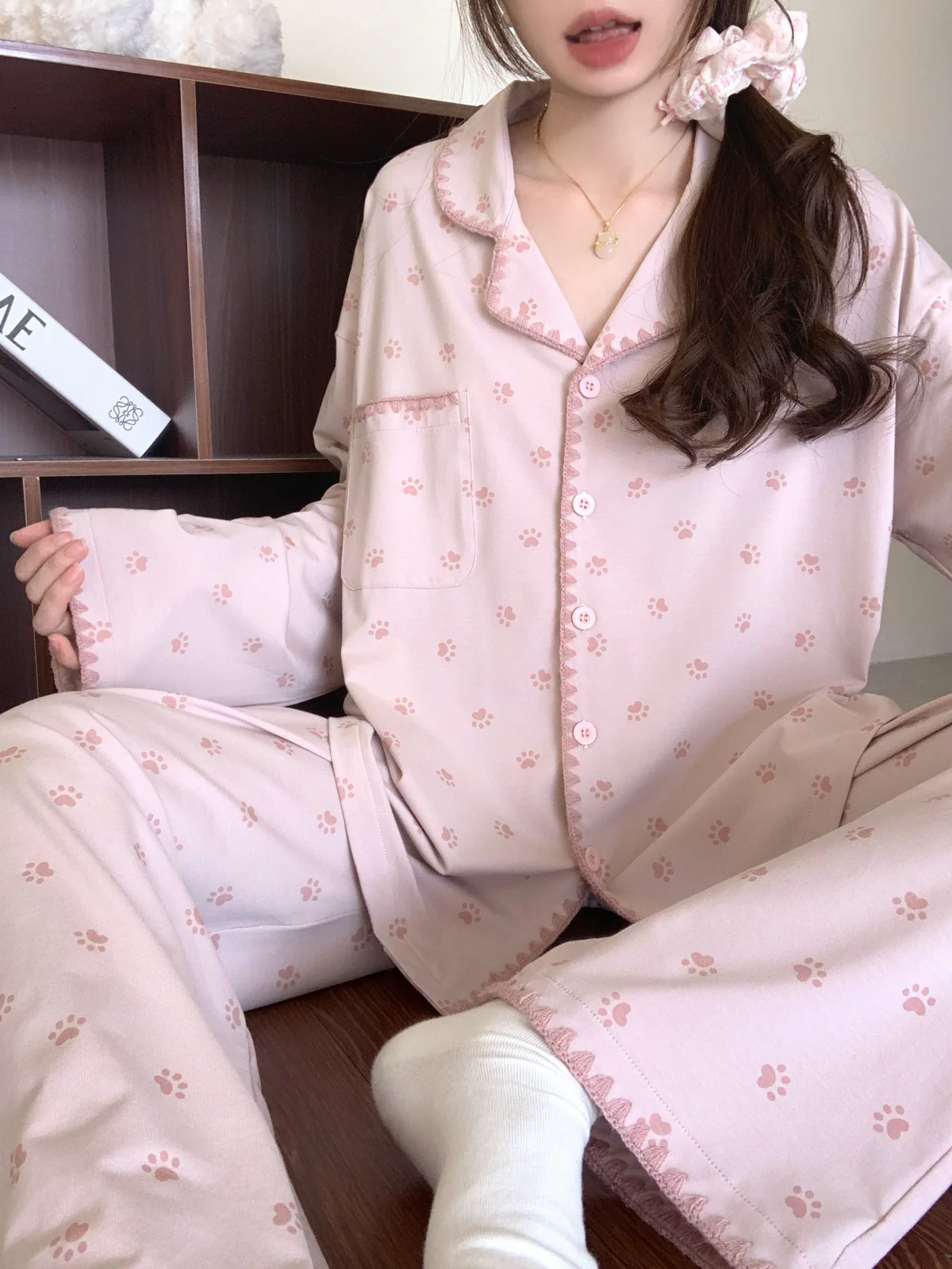 

Розовый комплект для сна с принтом когтей, из чистого хлопка, весенне-осенний, женский, с длинным рукавом, домашняя одежда, весенний стиль, комфортный, мягкий