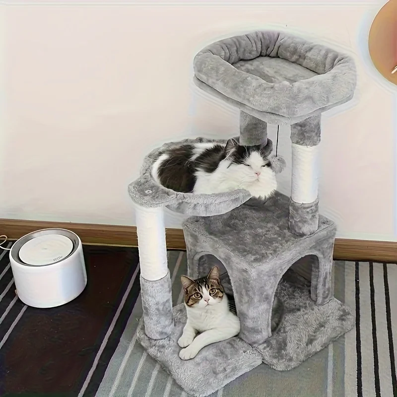 

32in Large Multi-Level Cat Tree Tower with Plush Platforms, Scratching Posts, Hammock Bed, Condo & Perch - Multi-Level Cat Furni