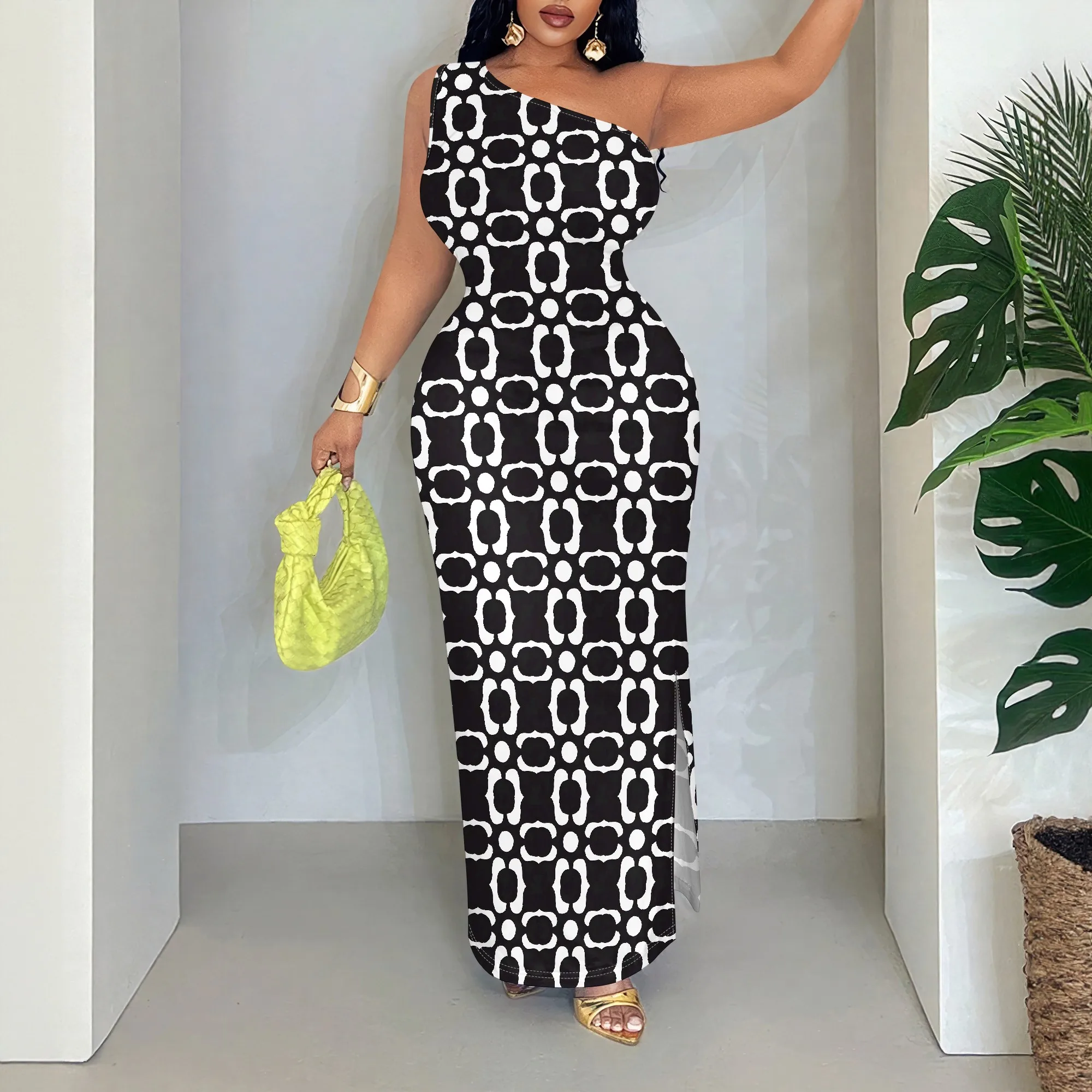 

Geometric Print Asymmetric Dress, Sleeveless Bodycon Maxi, One Shoulder Party Wear, Vacation Clubwear S-2XL