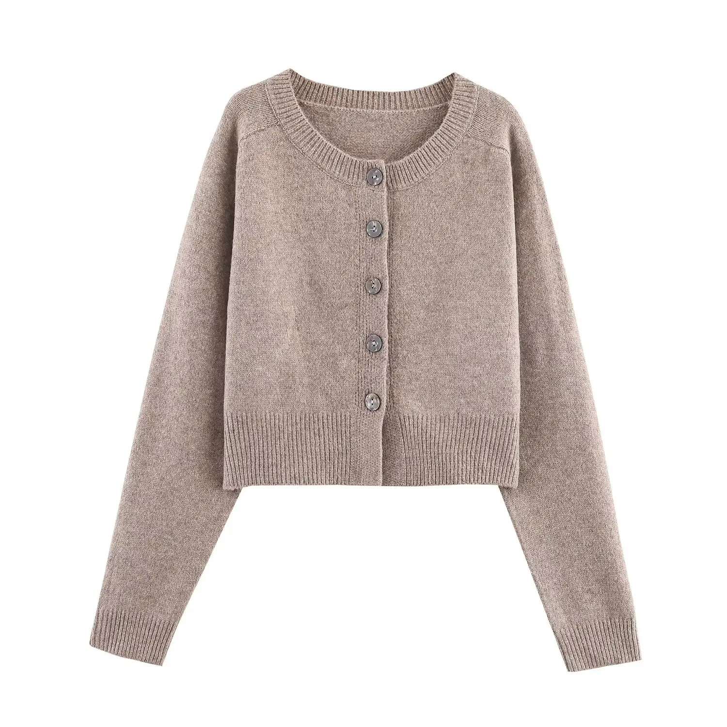 

2025 New Women's Front-Button Round Neck Long-Sleeve Knit Cardigan Casual Autumn Cropped Jacket