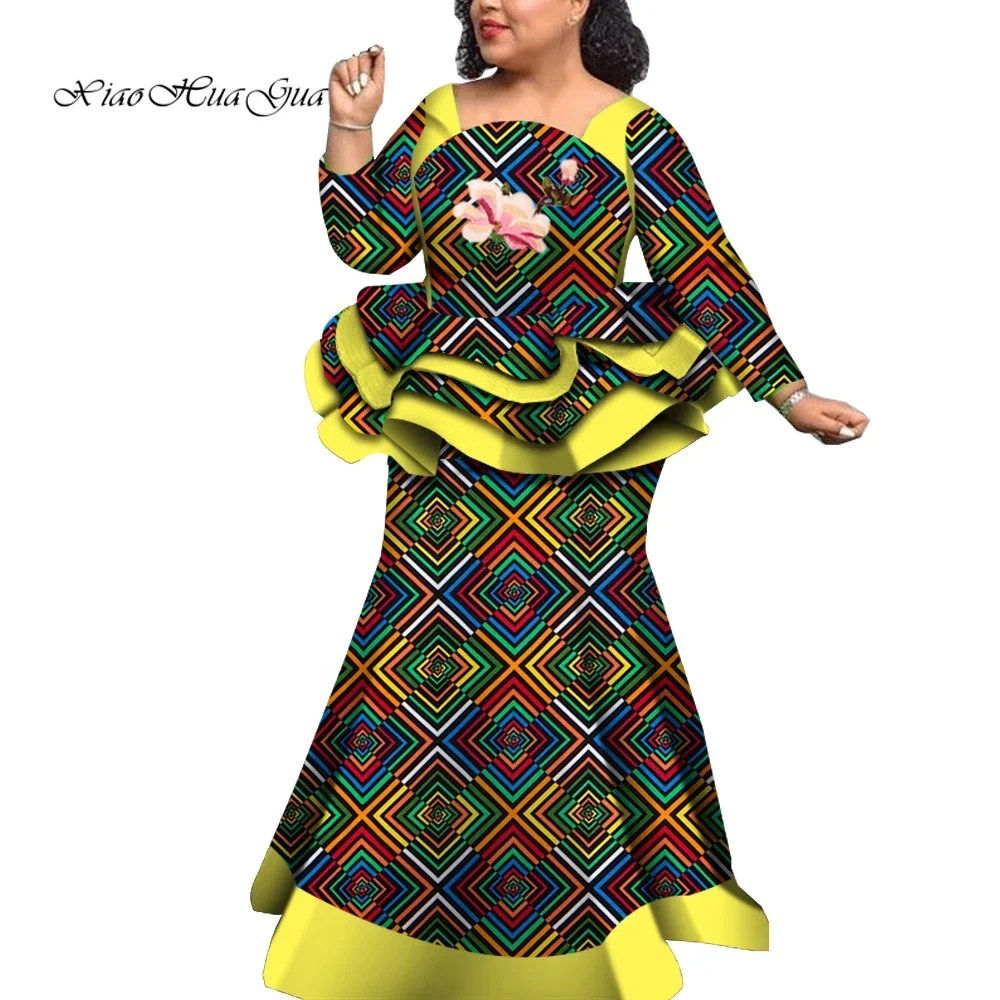 

2 Pieces Set Africa Style Outfits Set for Women Long Sleeve Ruffled Tops and Long Mermaid Skirt Plus Size Women Suits WY5992